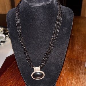 Antiqued Silver Tone Black Oval Pendant Necklace Multi Strand Glass Seed Beads